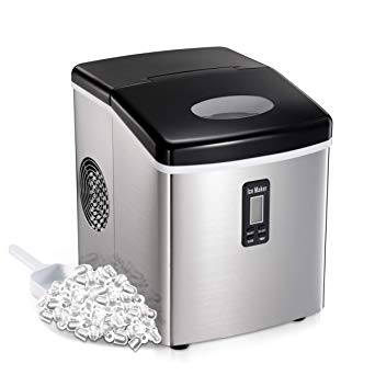 AGLUCKY Stainless Steel Cover Countertop Ice Maker Machine, Portable Automatic Ice Maker,Ice Cube Ready in 6mins,2.2Lb Ice Storage,with Ice Scoop and shovel 33lbs/24h,Control Panel,See-through Lid