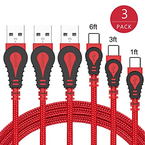 USB Type C Cable,JianHan USB C Charger Cable 3 Pack (1ft 3ft 6ft) Nylon Braided USB C to USB A Fast Charging Type C Cord for Samsung Galaxy S9,S9 Plus,S8,S8 Plus,Note 8,Note 7,LG G6 G5 V30 V20,Google Pixel,Macbook (Red)