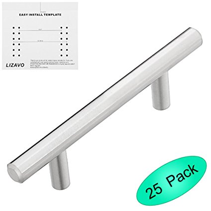 Lizavo 701-030SN Satin Nickel Cabinet Hardware Solid Euro Style T-bar Handle Pull- 3" Hole Centers, 5-1/4" Overall Length- 25 Pack