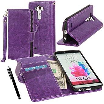 LG G3 Case, LG G3 Flip Case - E LV LG G3 Deluxe PU Leather Folio Wallet Full Body Protection Case Cover for LG G3 with 1 Stylus - Purple