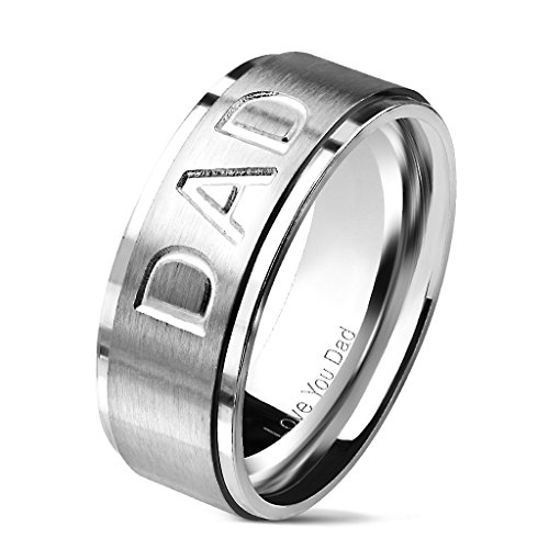 "Dad" Deep Etched Stainless Steel Stepped Ring with "Love You Dad" Printed Inside