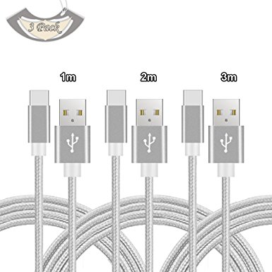 USB Typec Cable, Brench USB Typec Cable 3 packs Nylon Braid USB Typec Cable [3FT, 6FT, 10FT] for Samsung Note 8 S8, Apple Macbook, Nexus 6P 5X, Google Pixel, LG G5 G6 (Silver)