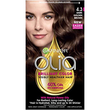 Garnier Olia Ammonia-Free Brilliant Color Oil-Rich Permanent Hair Color, 4.3 Dark Golden Brown (1 Kit) Brown Hair Dye (Packaging May Vary)