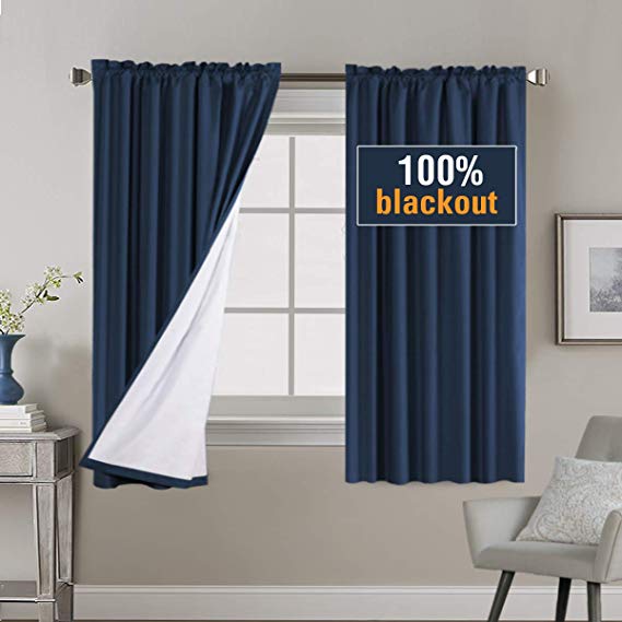 100% Blackout Curtains for Bedroom, Super Thick Thermal Insulated Window Covers, Full Blackout Draperies with White Liner for Short Window Navy, One Pair, 52"W x 63"L, 2 Bonus Tie-Backs