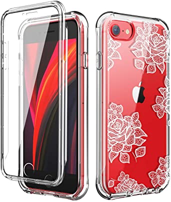 SKYLMW iPhone SE 2020 case,iPhone 7 Case,iPhone 8 Cover,Built-in Screen Protector Shockproof Dual Layer Protective Hard Plastic & Soft TPU Phone Cases for iPhone SE 4.7 inch,Lace Flowers/Clear