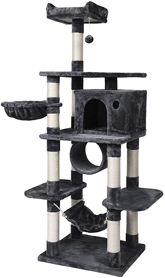 Yaheetech 69.5 inches Stable Cat Tree with Freely Rotating Tunnel, Padded Platform with Replaceable Dangling Balls, Hammock Basket and Condo, Cat Tower Furniture-for Kittens, Cats and Pets