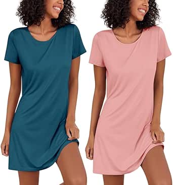 Ekouaer 2 Pack Nightgowns for Women Sleapwear Short Sleeve Night Shirts Soft Sleep Dress Classic NightDress S-XXL