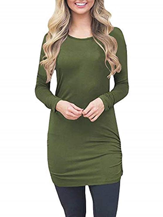 YouBens Womens Ruched Long Sleeve Round Neck Stretchy Sexy Bodycon Mini Tunic T Shirt Dresses