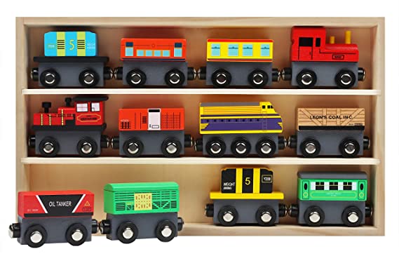 Kurtzy Wooden Magnetic Train Toy Set with Storage Box (12 Pack) - Educational Locomotive Engines for Boys & Girls 3   Years - Train Vehicle Cars Compatible with Most Major Brand Railway Tracks