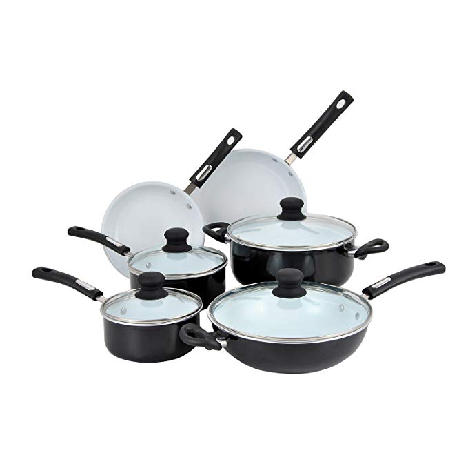 Hamilton Beach 10pc Aluminum Cookware Set, Black, White Ceramic Non-Stick Interior, Flared Edge