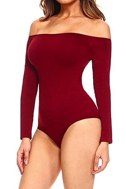 KnowBodyz Yelete Women's Long Sleeve Seamless Boat Neck Off Shoulder Stretchy Sexy Jumpsuit Bodysuit Top