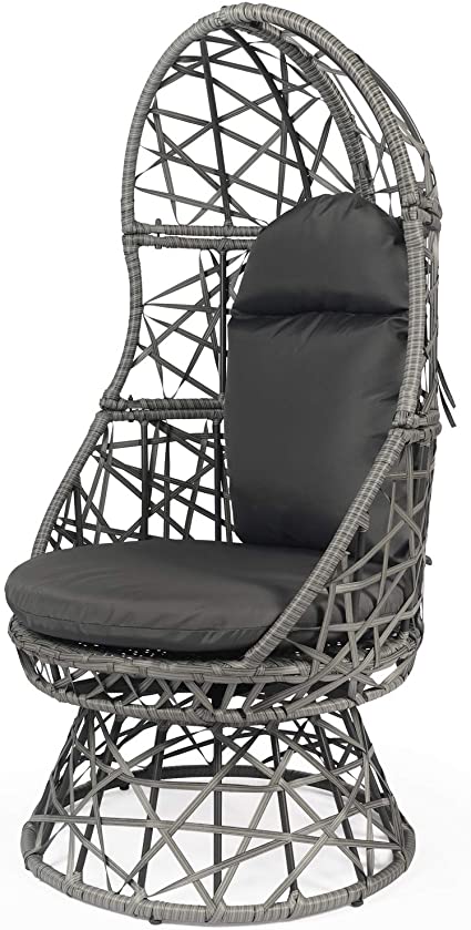 LAZZO Patio Egg Chair, 360 Degree Swivel Patio Wicker Chair, Indoor & Outdoor Rattan Egg Chair with Seat Cushion & Pillow for Patio Porch Lounge Bedroom (Grey)