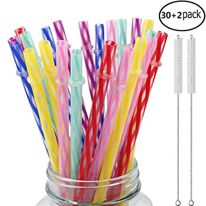 Razita Slyire 32 Pieces Reusable Plastic Straws Compatible for Mason Jars, Tumblers, BPA-Free, 9 Inch Long Colorful Unbreakable Drinking Straws with 2 Cleaning Brushes- Eco-Friendly