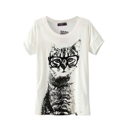 ETOSELL Retro Lady CrewNeck Short Sleeve T-Shirt Cute Cat Print Loose Tops