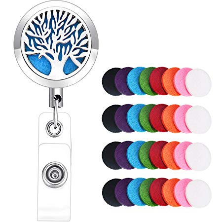 Boao ID Badge Reel Badge Holder Essential Oil Diffuser Aromatherapy Clip Locket with Badge Reel and 32 Pieces Replacement Felt Pads (Tree of Life)