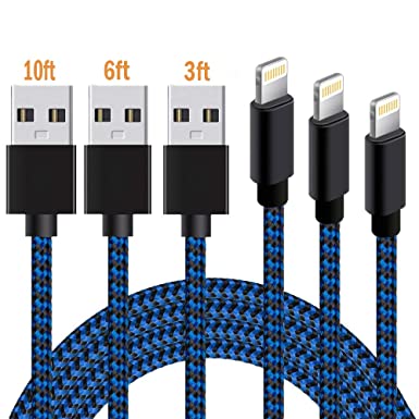 iPhone Cords,JOYSMADE iPhone Charger Cable Pack 3FT/6FT/10FT Nylon Braided Syncing and Charging Cord Compatible with iPhone 8/X/7/7 plus/SE/5/6/6s/Plus/iPad Mini/Air/Pro - Blue