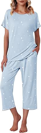 Ekouaer Women's Capri Pajama Sets Floral Print Short Sleeve Sleepwear Top and Capri Pants 2 Piece Loungewear with Pockets