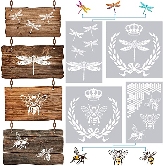 4 Pieces Dragonfly Stencil for Painting French Bee Stencil Honeycomb Stencil Reusable Stencil Vintage Style Stencil for Furniture, Wood Signs, Baking, Crafts, Wall, Pillows, Stencils for Children