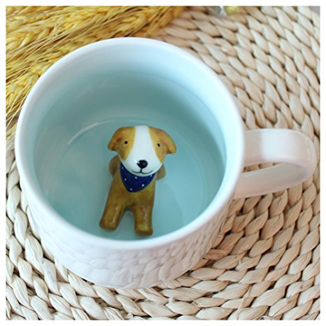 3D Cute Cartoon Miniature Animal Figurine Ceramics Coffee Cup - Baby Animal Inside, Best Office Cup & Birthday Gift (Dog)
