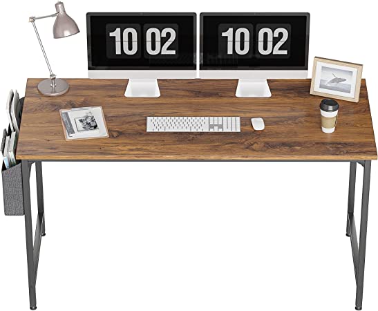 CubiCubi Study Computer Desk 160x60cm Home Office Writing Small Desk, Modern Simple Style PC Table, Black Metal Frame, Deep Brown