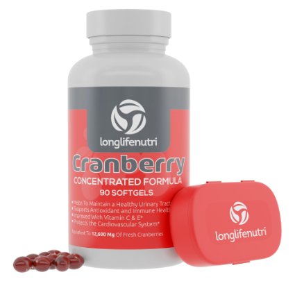 Cranberry Capsules Supplement Concentrate Extract Pills | 90 Softgels 12,600mg W/ Vitamin C & E | Urinary Tract Infection | Kidney Stone Dissolver | Best UTI Treatment Medicine | Antioxidant Vitamins