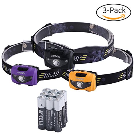 Miady LED Headlamps, 160 Lumen CREE LED   Red Light, Waterproof, Lightweight, AAA Batteries Included - 3 Pack