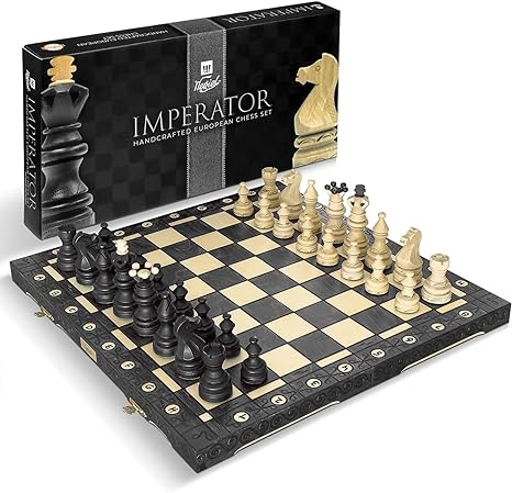 Imperator 21-Inch Luxury Wooden Chess Set for Adults and Kids - Handcrafted from Premium Beech and Birch Wood - Unique Folding Design with Chess Piece Storage, Black