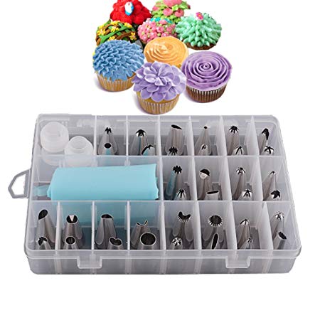 Jatidne 24pcs/Set Flower Piping Nozzles Set Stainless Steel Icing Kit with Pastry Bag and Coupler