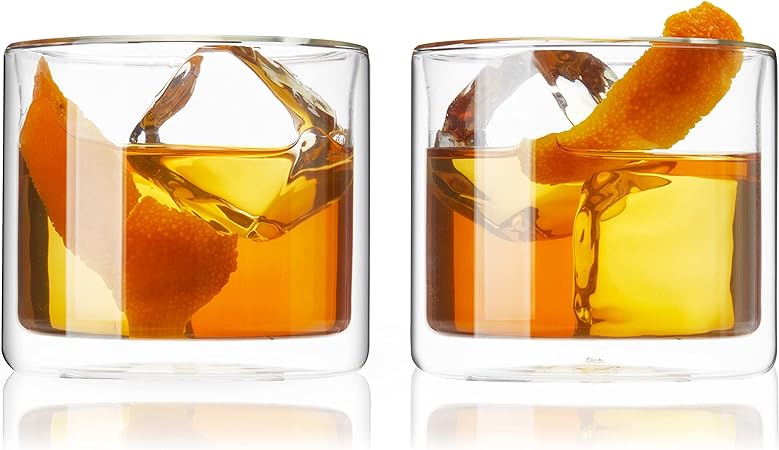 True Insulated Old Fashioned Glasses - Double Walled Glasses in Borosilicate Glass for Cold Drinks - 7oz Whiskey Glass Set of 2