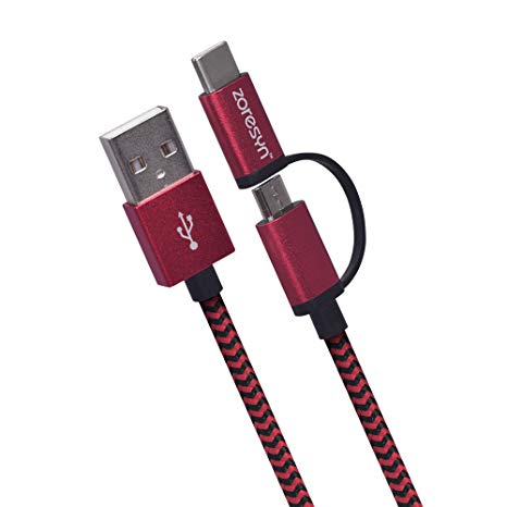 Zoresyn 6.6ft/2m 2 in 1 Type C/Micro USB Cable, Nylon Braided Charging Cord for Pixel/Pixel XL, New MacBook, Lumia 950/950XL Nexus 5X/6P, Chromebook Pixel and More Devices (Red with Black)
