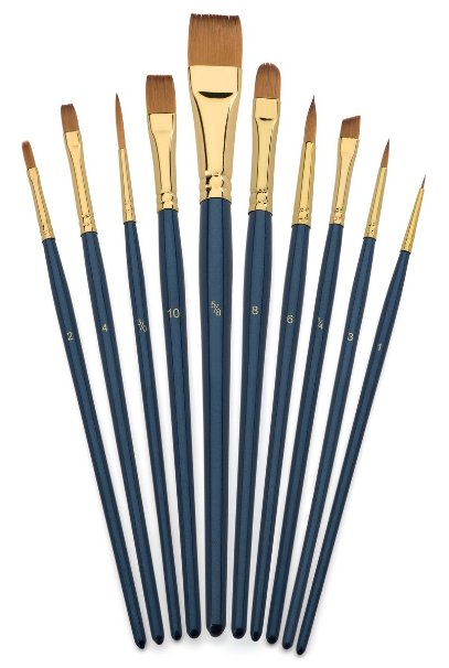 Art Brush Set - 10 Piece Golden Nylon - Watercolor and Acrylic Artist Paint Brushes - Short Handle - Also For Hobby Painting - Paint By Numbers - Ceramics - Face Painting