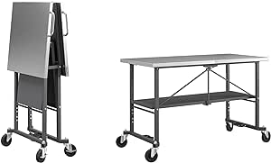 COSCO SmartFold Portable Workbench/Folding Utility Table, Stainless Steel Top, Dark Gray Frame