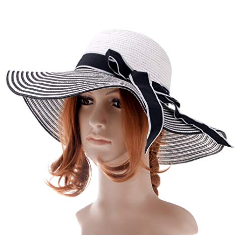 Vbiger Womens Beachwear Sun Hat Big Bowknot Straw Hat Wide Brim Hat Stripe Floppy Hats