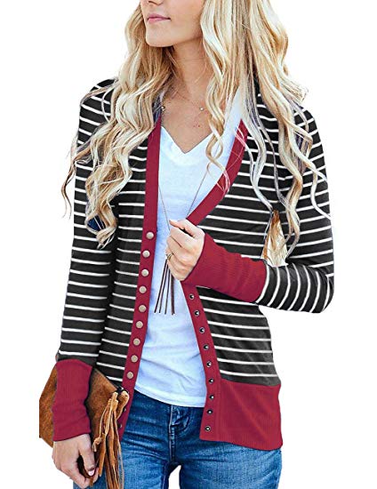 MEROKEETY Women's Long Sleeve Striped Snap Button Down Contrast Color V Neck Cardigans