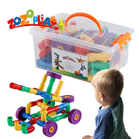 ZoZoplay STEM Learning Toy Tubular Pipes & Spouts & Joints 64 Piece Build Bicycle, Tank, Scootie, Moter Skills Endless Designs Educational Building Blocks Set for Kids Ages 3 , Multicolor