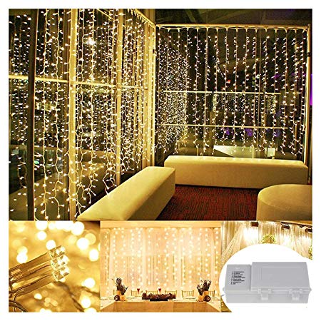 Battery Operated Warm White 300 LEDs Remote Window Curtain Lights,9 Mode String Lights Ideal for Outdoor Wedding,Christmas,Party,Bedroom,Bar,RV,Mall Decor-[Need 3 X Type D Batteries(Not Included)]