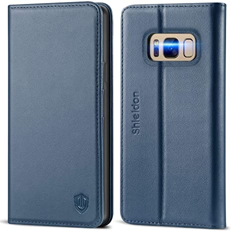 SHIELDON Galaxy S8 Plus Case, S8Plus Wallet Case, Genuine Leather S8 Plus Flip Book Design Case with Kickstand ID Card Slot Magnetic Closure Compatible with Sasmung Galaxy S8 Plus - Dark Blue