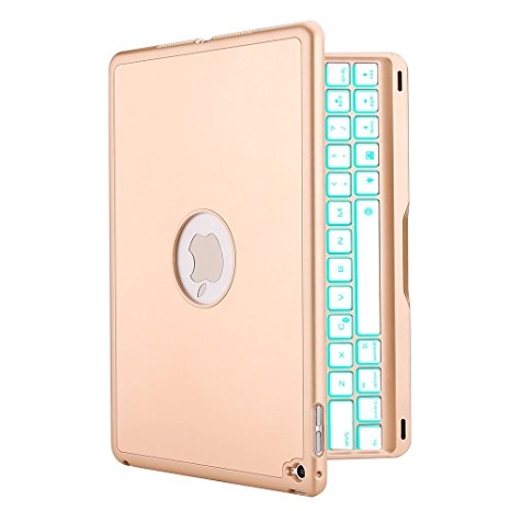 iPad Air 2 Keyboard Case, iEGrow Slim Bluetooth Clamshell Keyboard Case with 7 Colors LED Backlit for iPad Air 2 (Gold, Not fit iPad Air 1)