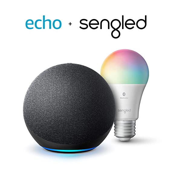 Echo (4th Gen) | With premium sound, smart home hub, and Alexa | Charcoal with Sengled Bluetooth Color bulb