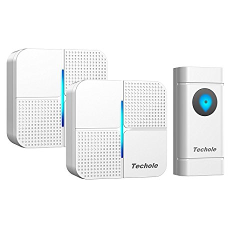 Wireless Doorbell, Techole Easy Chime Door Bell Kit with 2 Plug-in Receivers & 1 Push Button and LED Flash, Waterproof IP55, 4 Levels Volume, 52 Melodies to Choose, 1000ft Operating Range, Mini Design