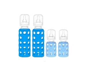 Lifefactory Glass Baby Bottles with Silicone Protection - 4-Pack, 4 oz/9 oz Bottles, (2- Cobalt Blue & 2- Sky Blue)