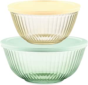 Pyrex Colors (2-Pack) Sculpted Tinted Small/Medium Glass Mixing Bowls With Lids, Nesting Space Saving Set of Bowls For Prepping and Baking, 1.3QT & 2.3QT