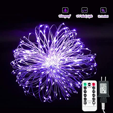 50ft UV Black Light Fairy Lights with Remote 8 Modes, Waterproof String Lights, Flexible Blacklight Fixture for Halloween Decor, Trippy Tapestry, Blacklight Poster, Trippy Room Decor