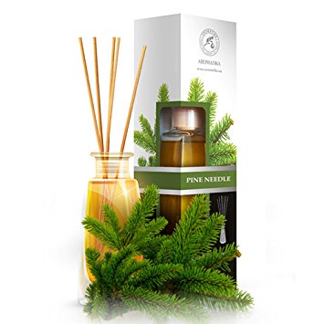 Reed diffuser PINE with natural Essential Pine Oil - 100 ml - intensive - fresh and long lasting fragrance - Scented Reed Diffuser - 0% Alcohol - Diffuser Gift Set with 8 bamboo sticks is the best for Aromatherapy - SPA - Home - Kitchen - Bath - Office - Fitness club - Restaurant - Boutique -Great room air fresheners - Glass bottle - from AROMATIKA
