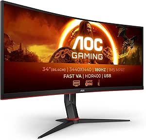 AOC Gaming CU34G2XPD - 34 Zoll WQHD Curved Monitor, 180 Hz, 1ms, FreeSync Premium (3440x1440, HDMI, DisplayPort, USB Hub) schwarz/rot