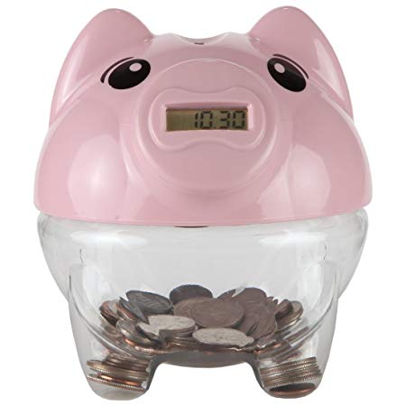 Lily's Home Kid's Money Counting Piggy Digital Coin Bank, Counts U.S. Pennies, Nickels, Dimes, Quarters, Half Dollars, and Dollar Coins, Ideal for Learning or Play, Pink (5.5" x 6.25" x 6")