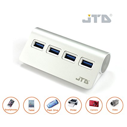 JTD USB 3.0 Hub 4-Port Portable Aluminum charging and Data Hub 3-Foot USB 3.0 Cable (Silver)