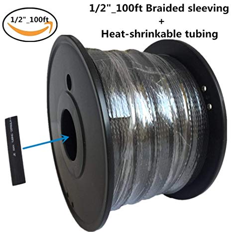 PET Expandable Braided Sleeving 1/2"- 100 FT Flexo Cable sleeving Braided Sleeve for Braided Wire Sleeve Management Cord Protecto Cable Sleeve Black