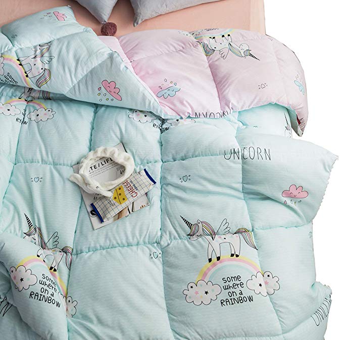 MEJU Kids Unicorn All Season Down Alternative Quilted Comforter Hypoallergenic Machine Washable (2, Twin 59"X 78")