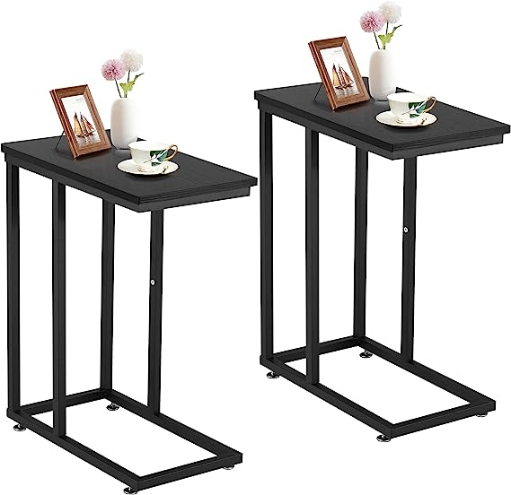 VECELO C Shaped End Side Table for Sofa Couch and Bed Snack TV Tray for Living Room Bedroom, Set of 2, Black Set of 2